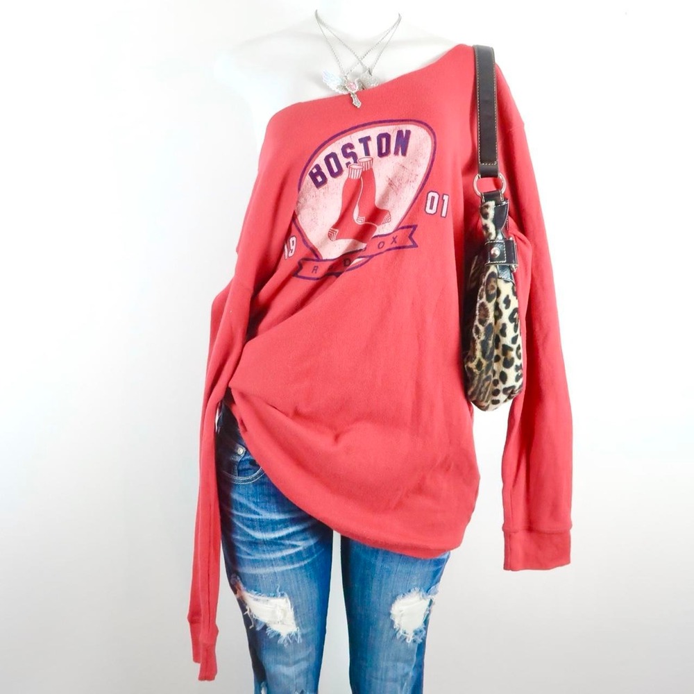 vintage y2k red boston graphic sweatshirt 2000s off shoulder